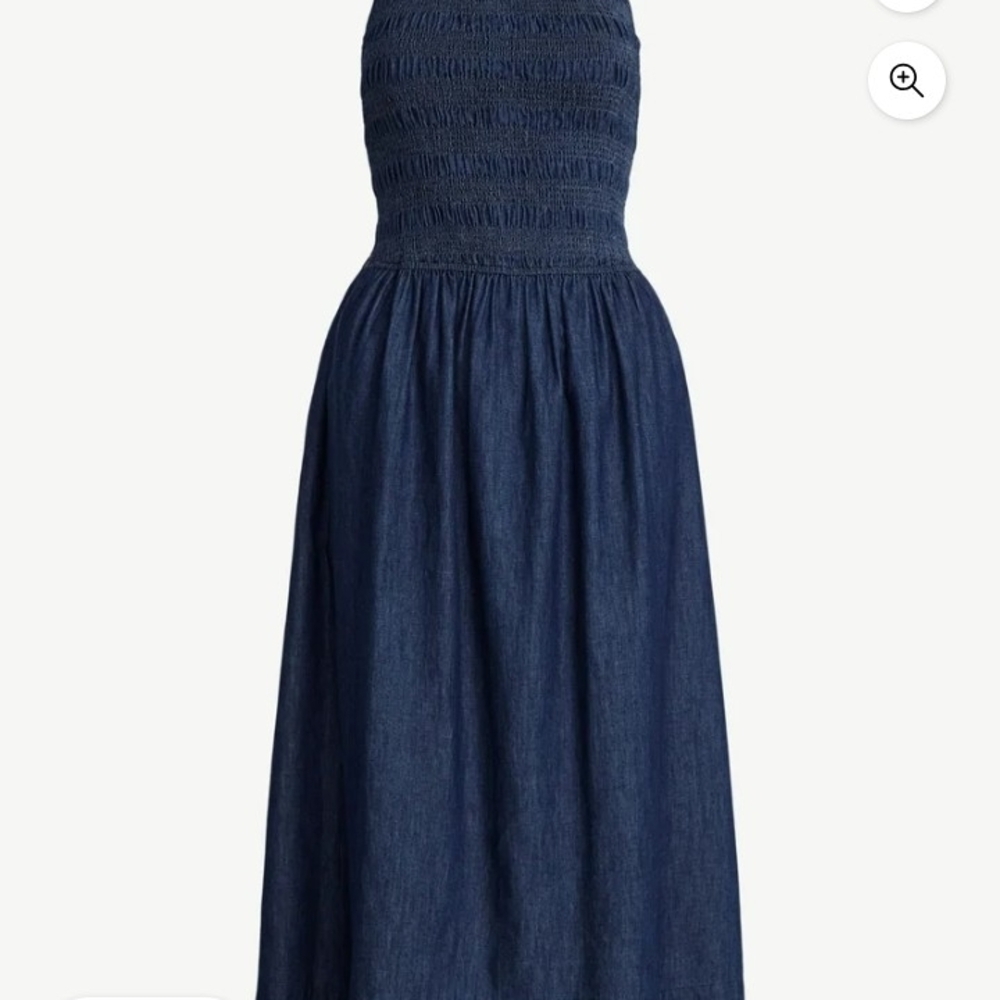NWT Sleeveless Smocked Cotton Midi Dress Denim Blue Large Fit & Flare Square N. - Picture 3 of 4